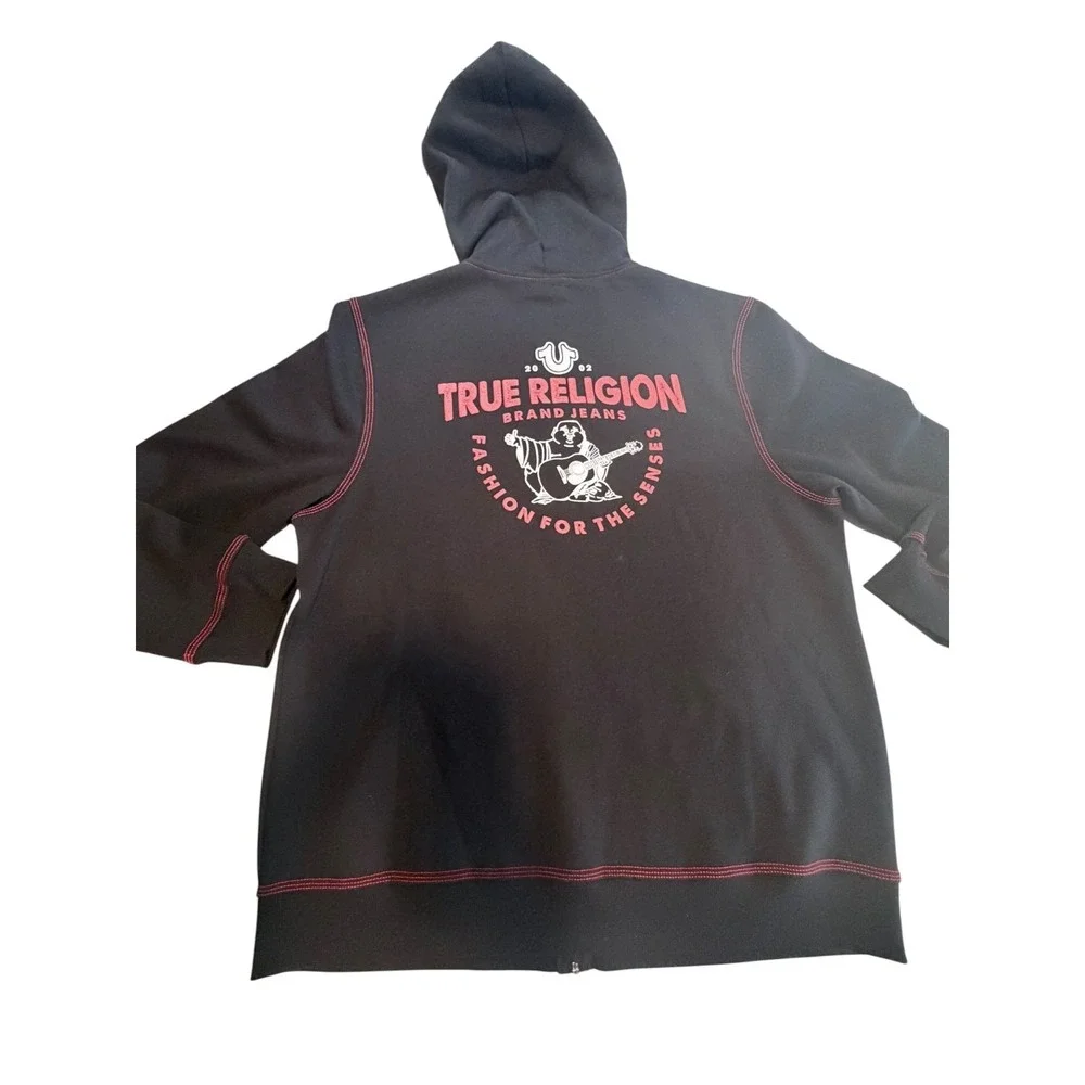 True Religion Full Zip Hoodie Mens XXL 2X Black Red Stitching Buddha Logo Y2K